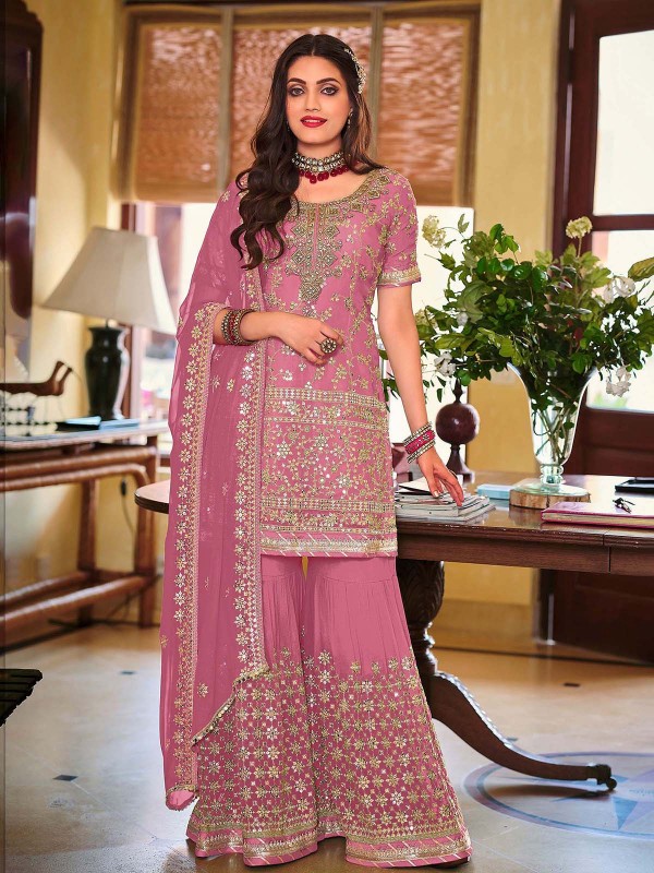 Pink Faux Georgette Plazzo Suit